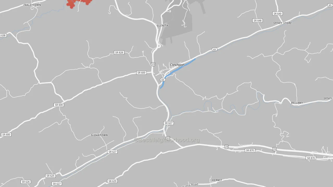 Walk Grade map of Clinchport, VA, walkable areas in green and car-dependent areas in red