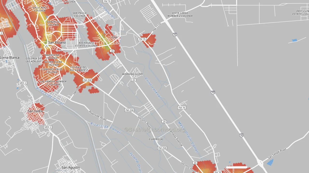 Walk Grade map of Clint, TX, walkable areas in green and car-dependent areas in red