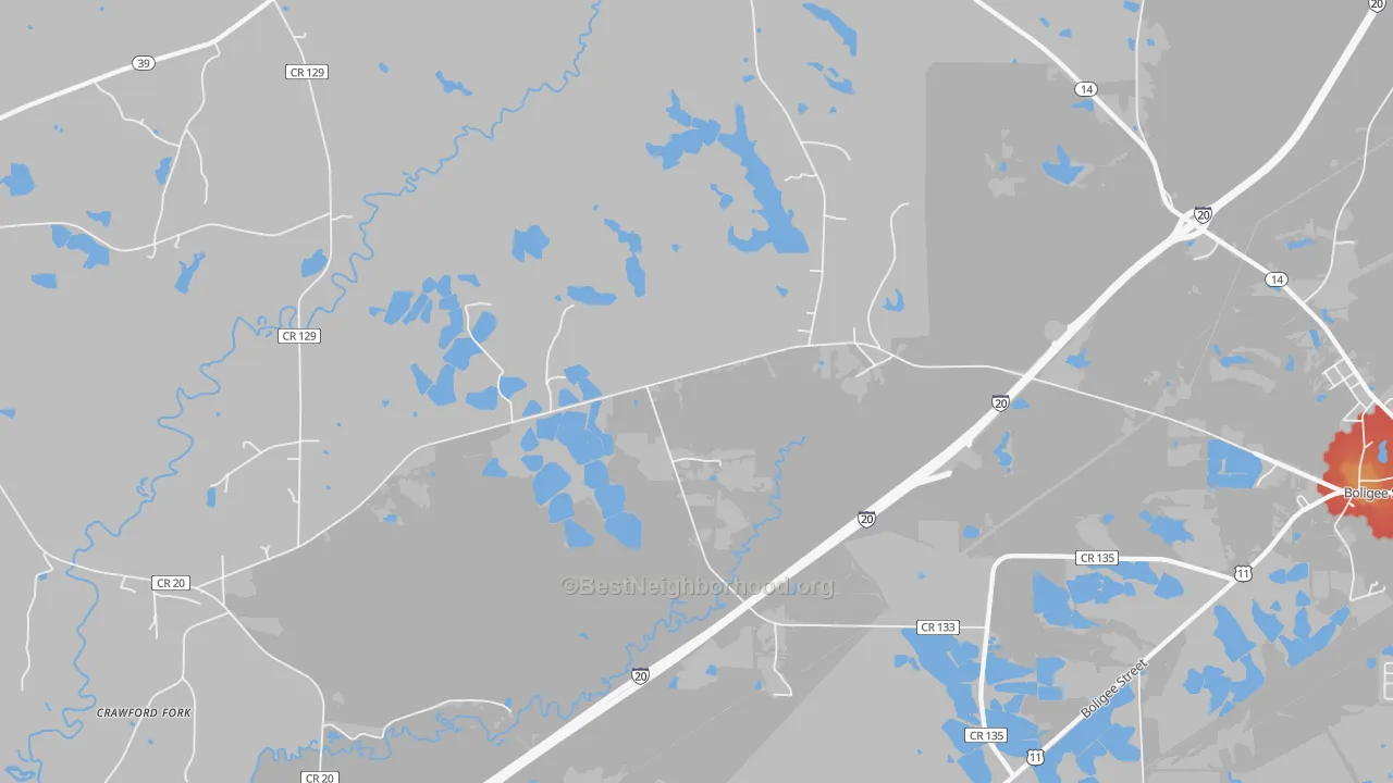 Walk Grade map of Clinton, AL, walkable areas in green and car-dependent areas in red