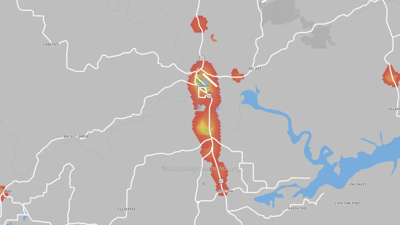 Walk Grade map of Clinton, AR, walkable areas in green and car-dependent areas in red