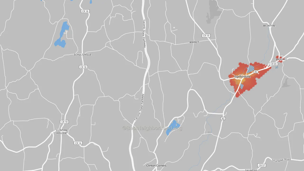 Walk Grade map of Clinton Corners, NY, walkable areas in green and car-dependent areas in red