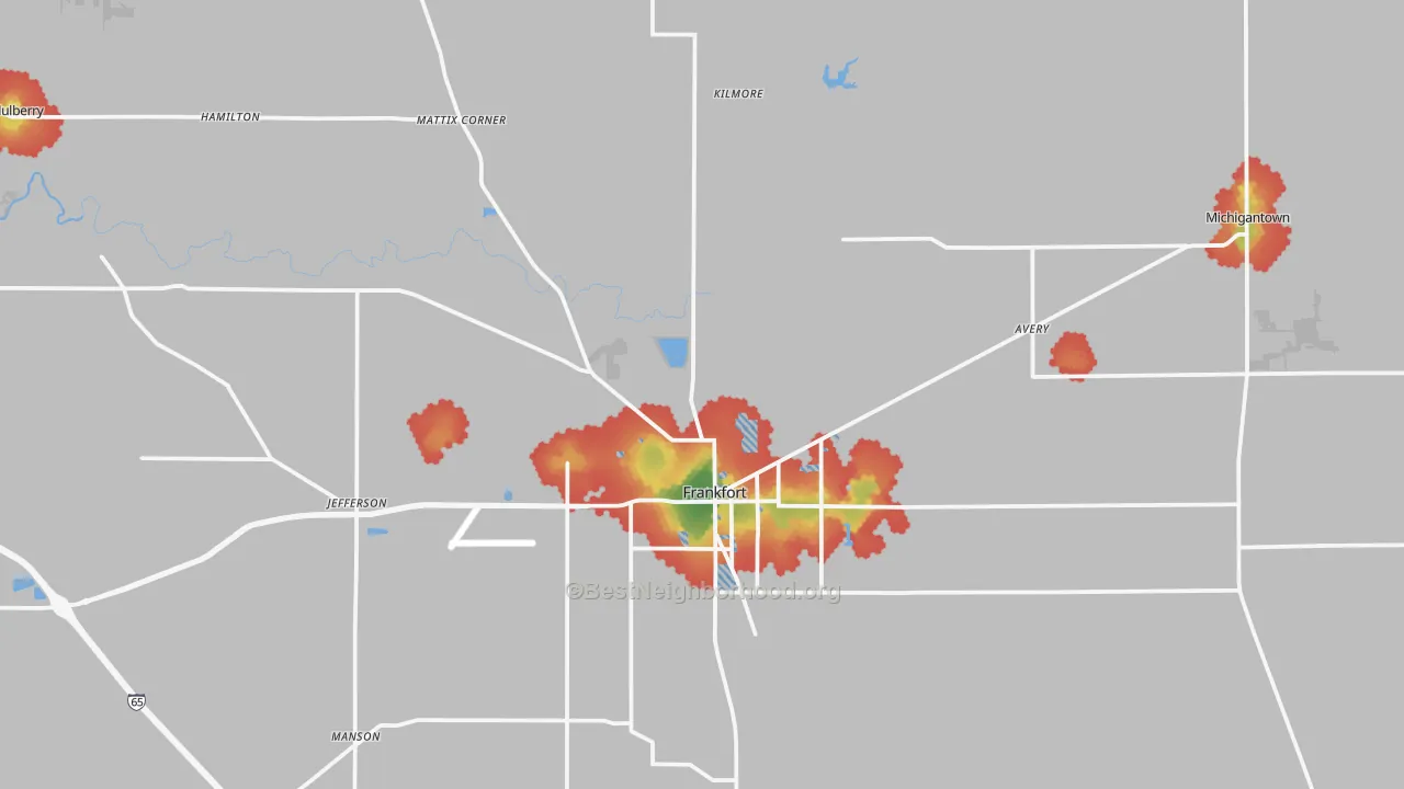 Walk Grade map of Clinton County, IN, walkable areas in green and car-dependent areas in red