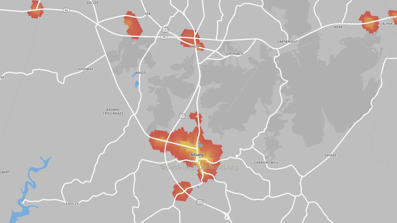 Walk Grade map of Clinton County, KY, walkable areas in green and car-dependent areas in red