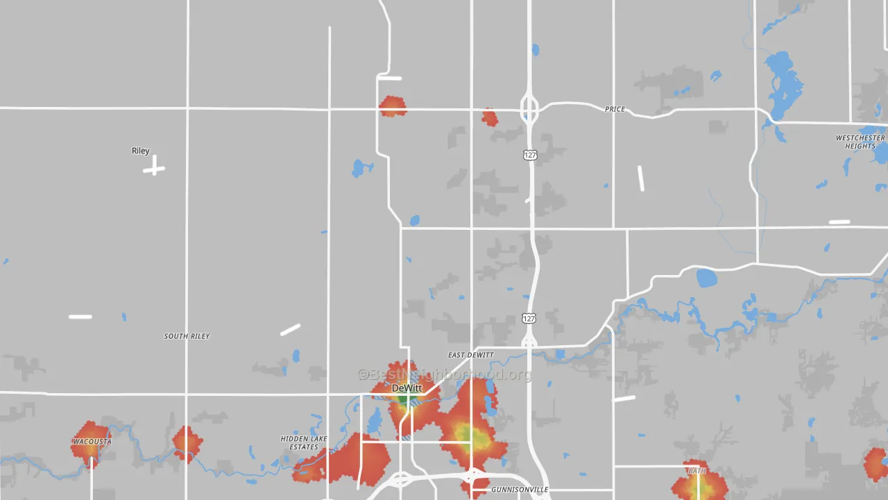 Walk Grade map of Clinton County, MI, walkable areas in green and car-dependent areas in red
