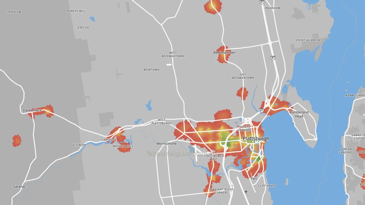 Walk Grade map of Clinton County, NY, walkable areas in green and car-dependent areas in red