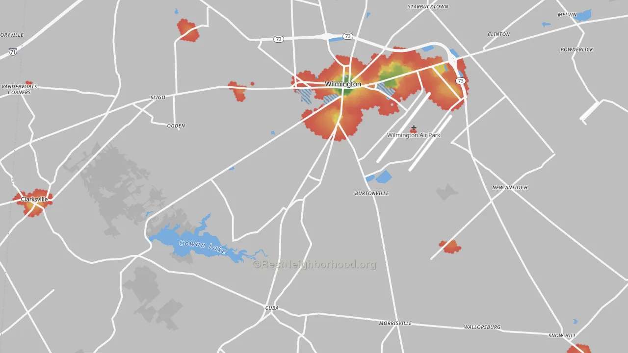 Walk Grade map of Clinton County, OH, walkable areas in green and car-dependent areas in red