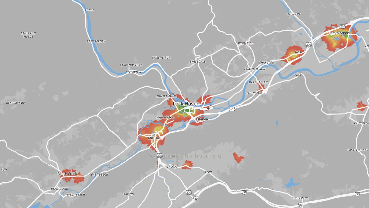 Walk Grade map of Clinton County, PA, walkable areas in green and car-dependent areas in red