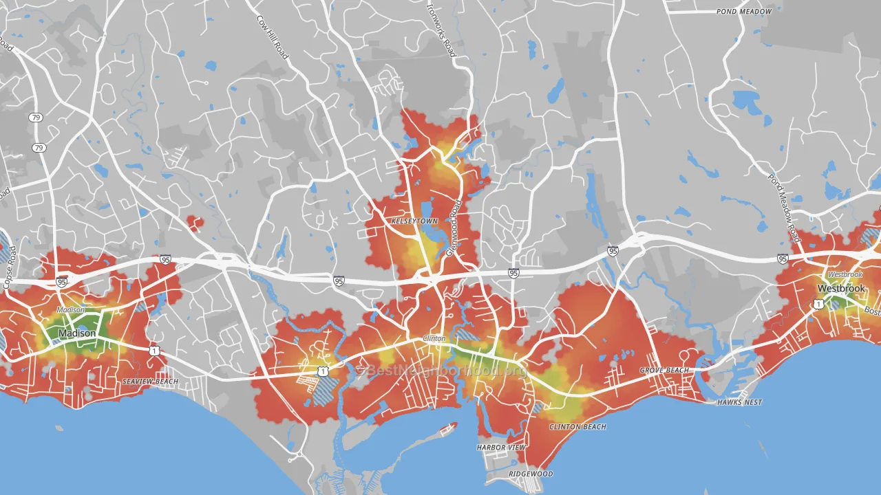 Walk Grade map of Clinton, CT, walkable areas in green and car-dependent areas in red