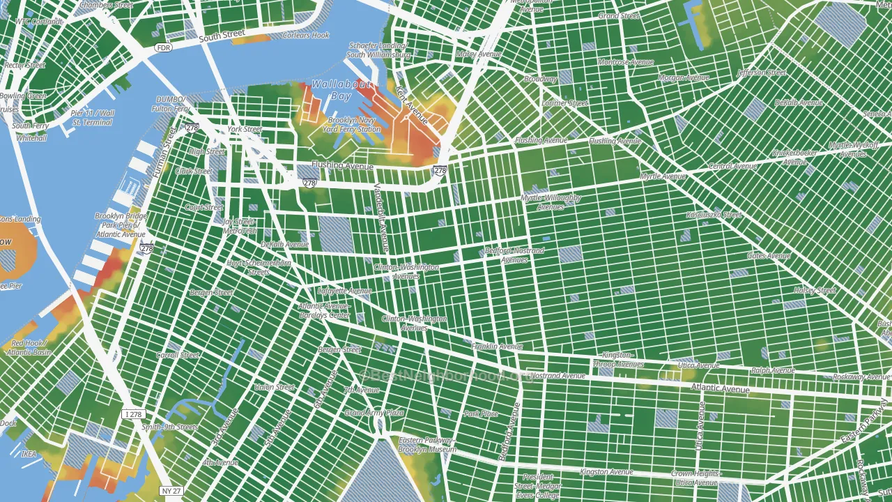 Walk Grade map of Clinton Hill, Brooklyn, NY, walkable areas in green and car-dependent areas in red