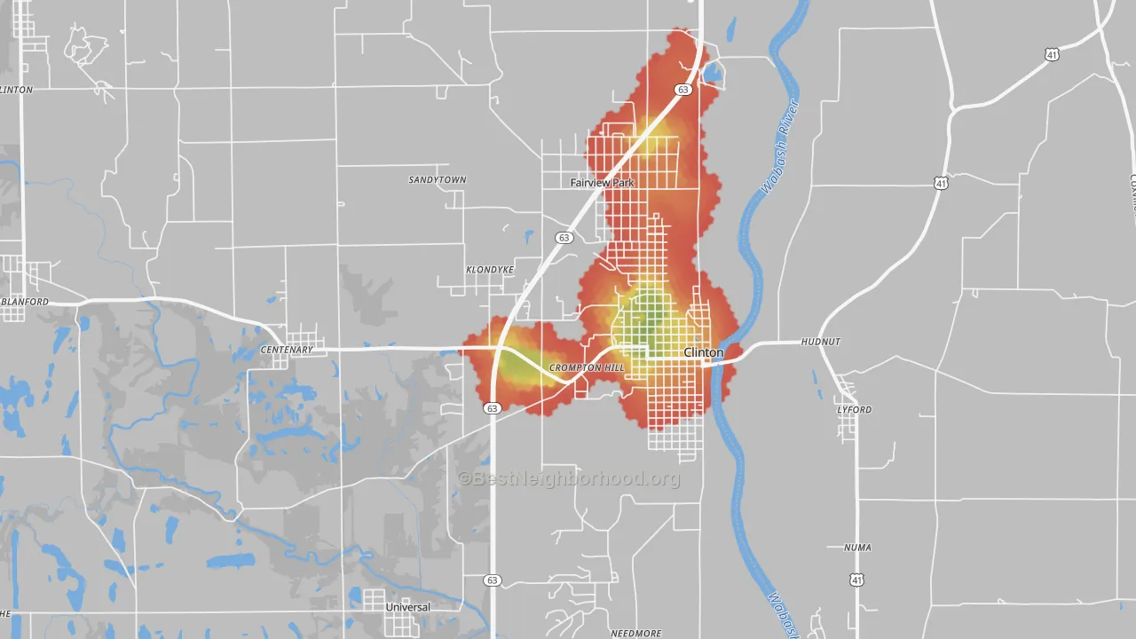 Walk Grade map of Clinton, IN, walkable areas in green and car-dependent areas in red