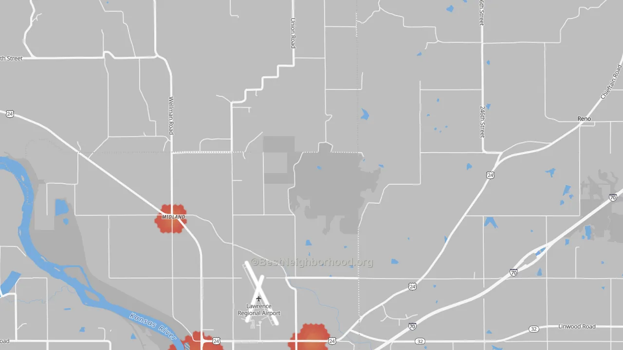 Walk Grade map of Clinton, KS, walkable areas in green and car-dependent areas in red