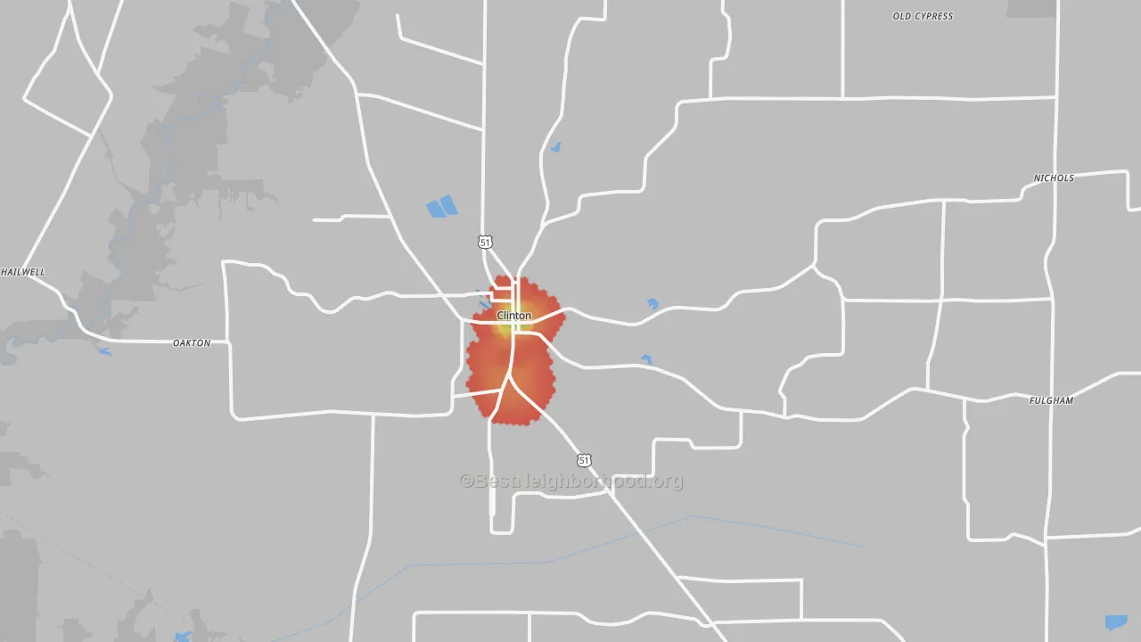 Walk Grade map of Clinton, KY, walkable areas in green and car-dependent areas in red