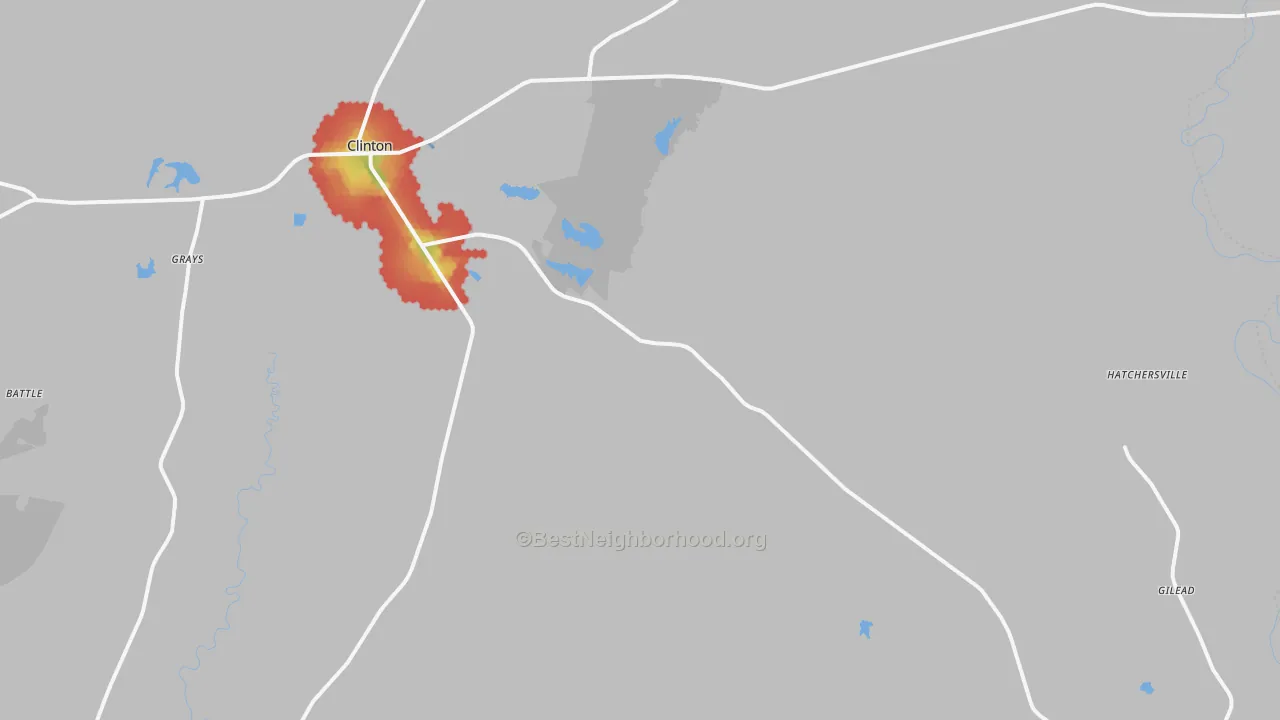 Walk Grade map of Clinton, LA, walkable areas in green and car-dependent areas in red