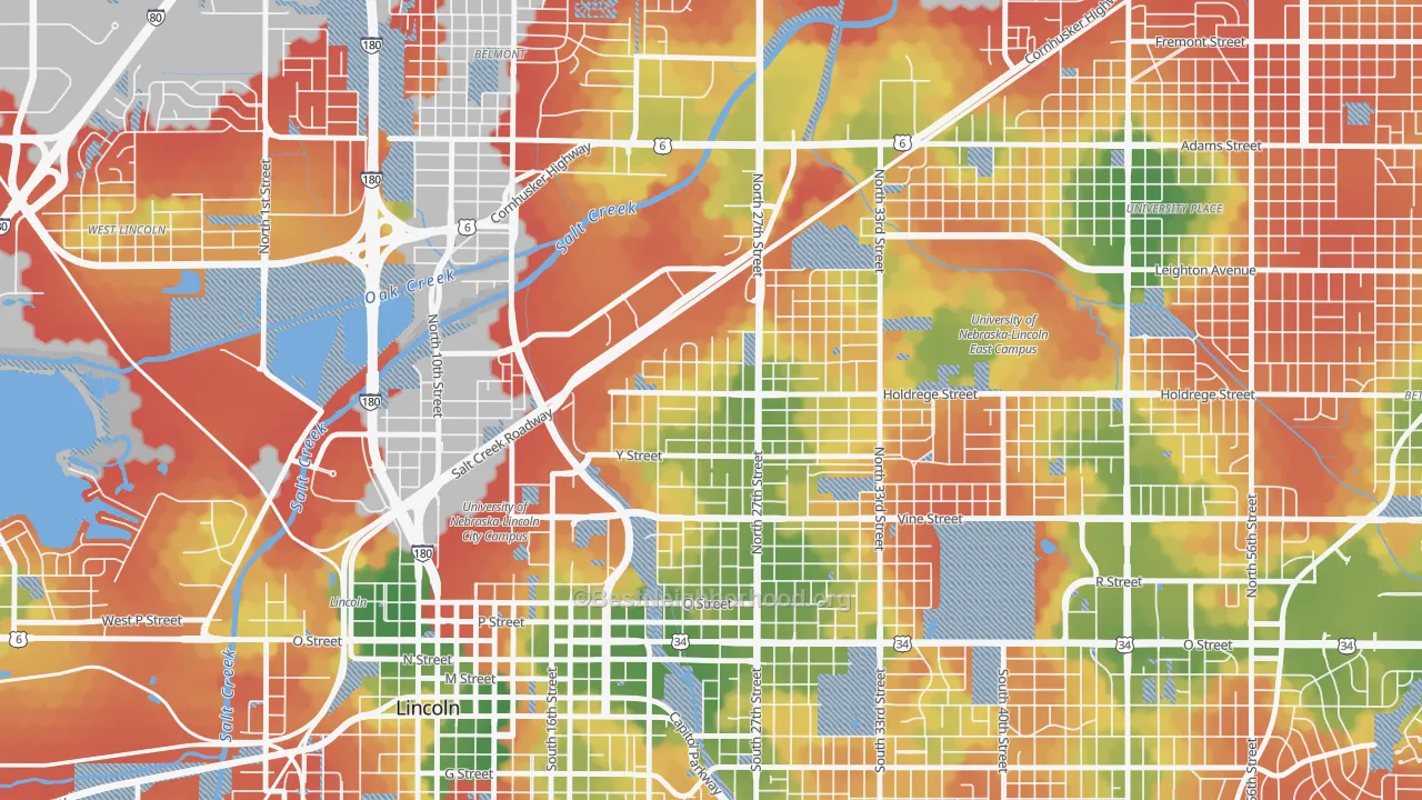 Walk Grade map of Clinton, Lincoln, NE, walkable areas in green and car-dependent areas in red