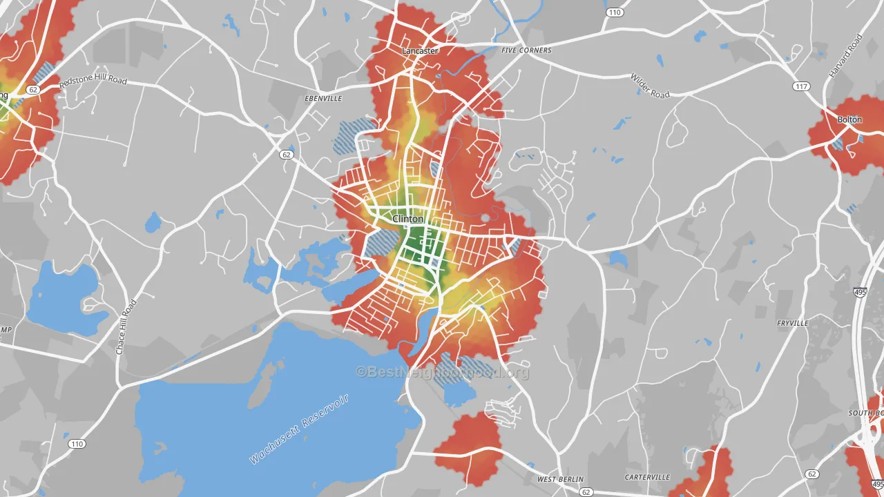 Walk Grade map of Clinton, MA, walkable areas in green and car-dependent areas in red