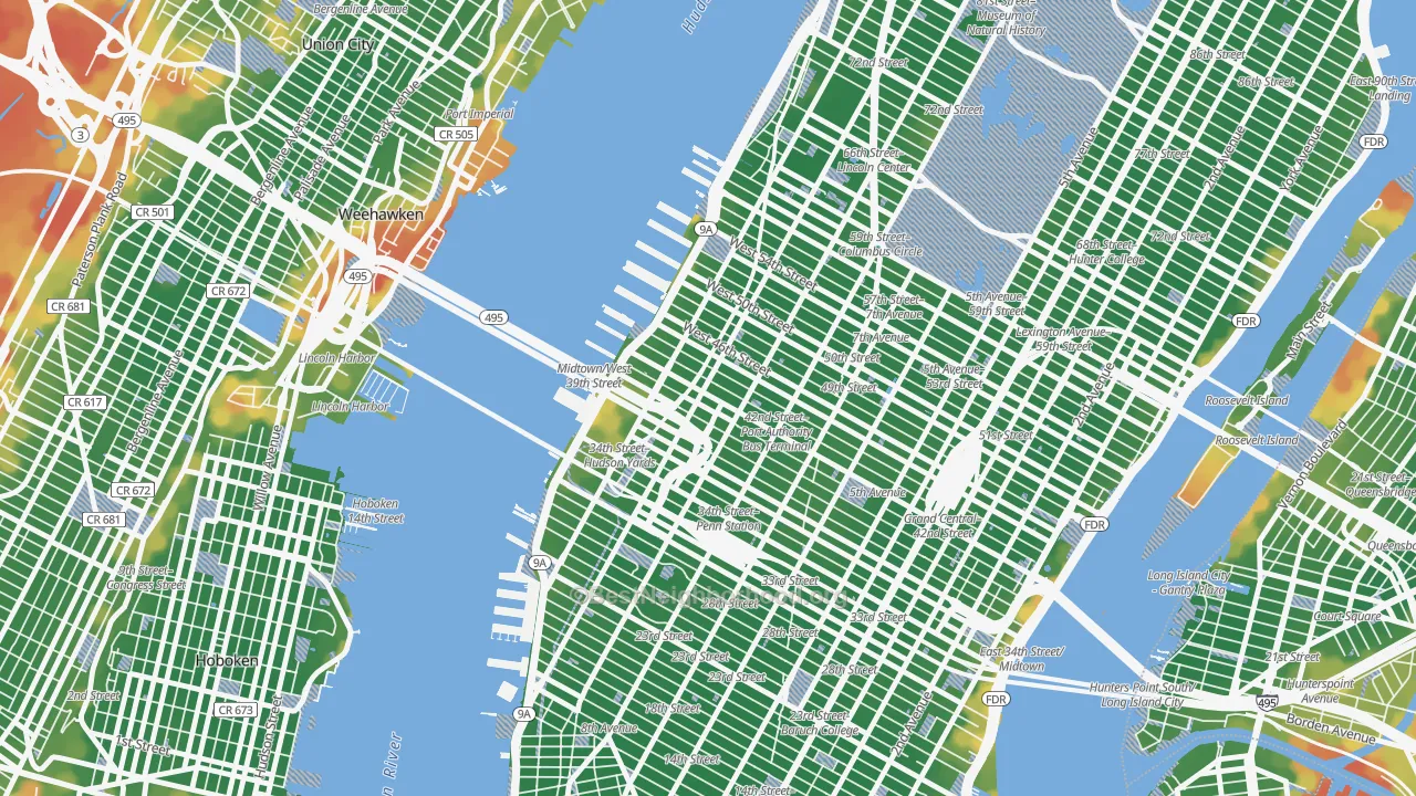 Walk Grade map of Clinton, Manhattan, NY, walkable areas in green and car-dependent areas in red