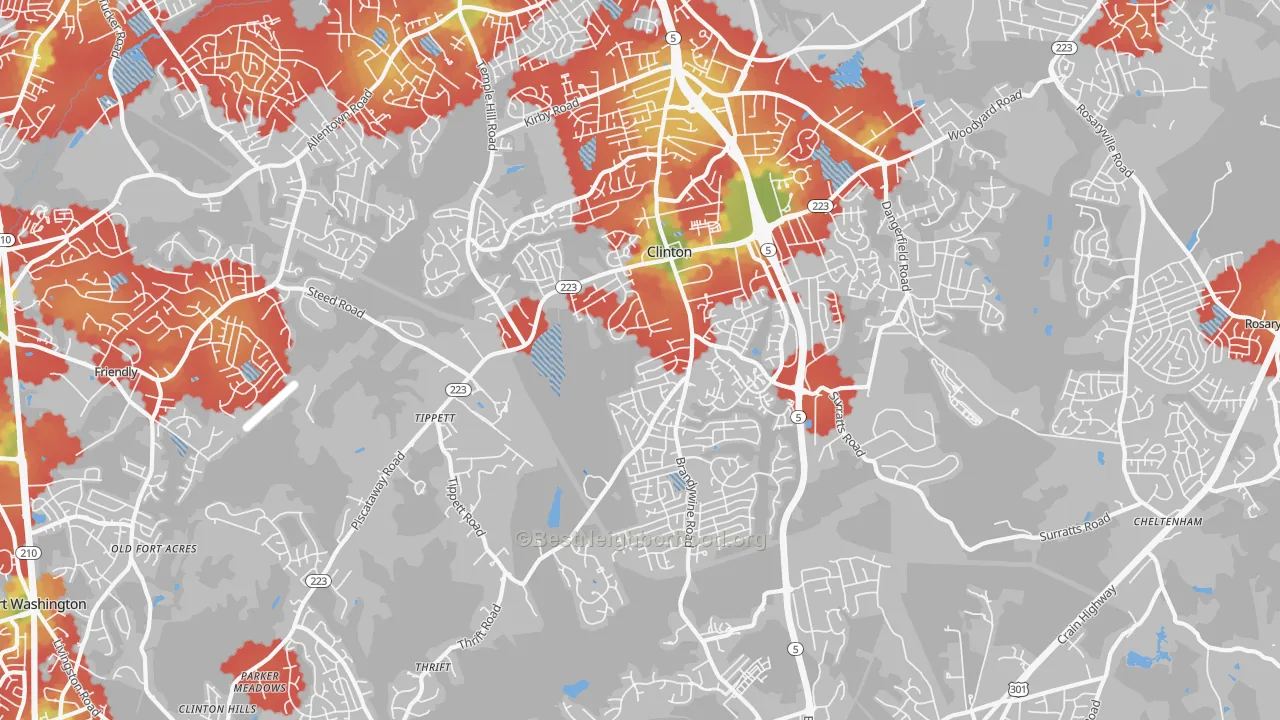 Walk Grade map of Clinton, MD, walkable areas in green and car-dependent areas in red