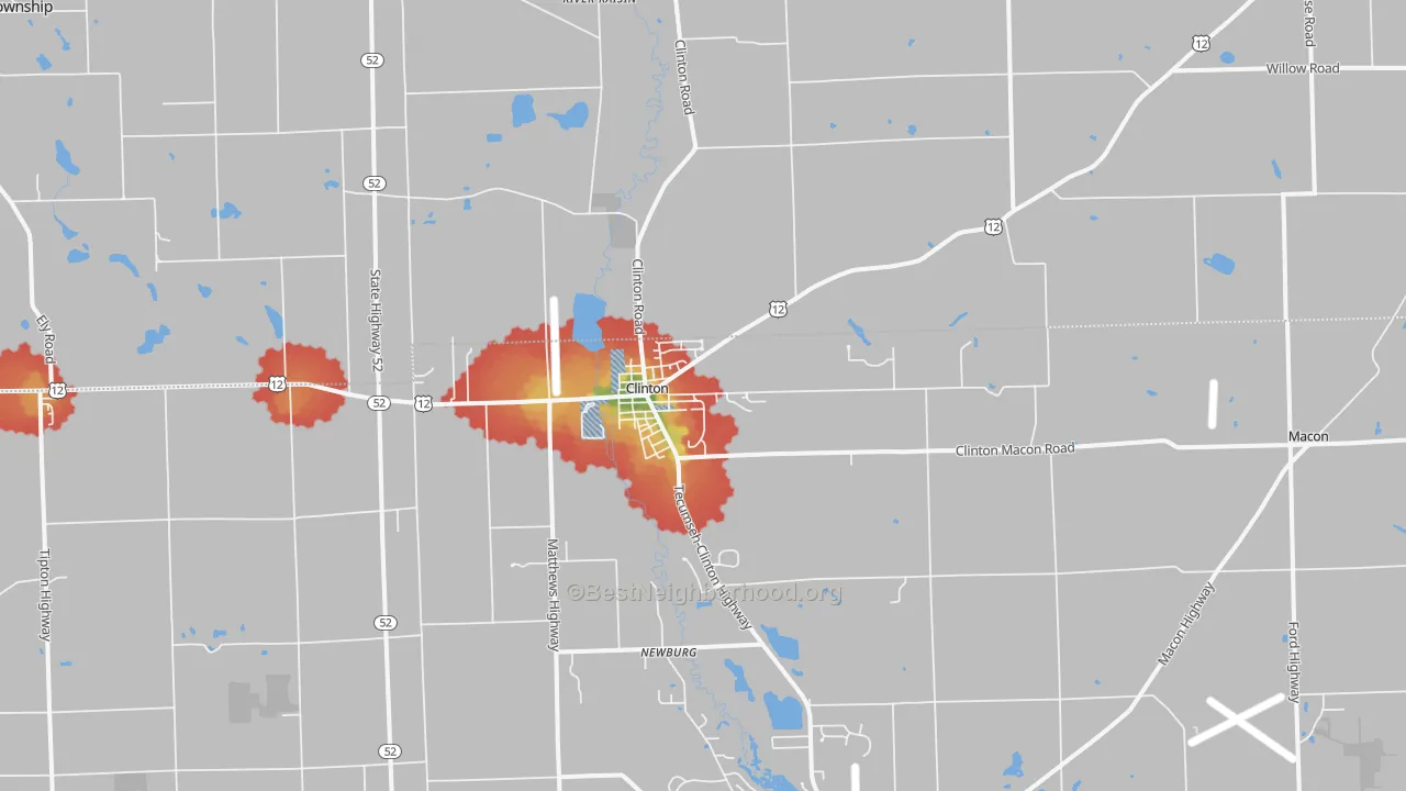 Walk Grade map of Clinton, MI, walkable areas in green and car-dependent areas in red