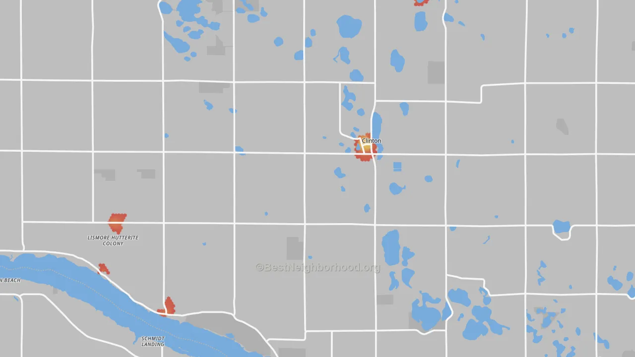 Walk Grade map of Clinton, MN, walkable areas in green and car-dependent areas in red