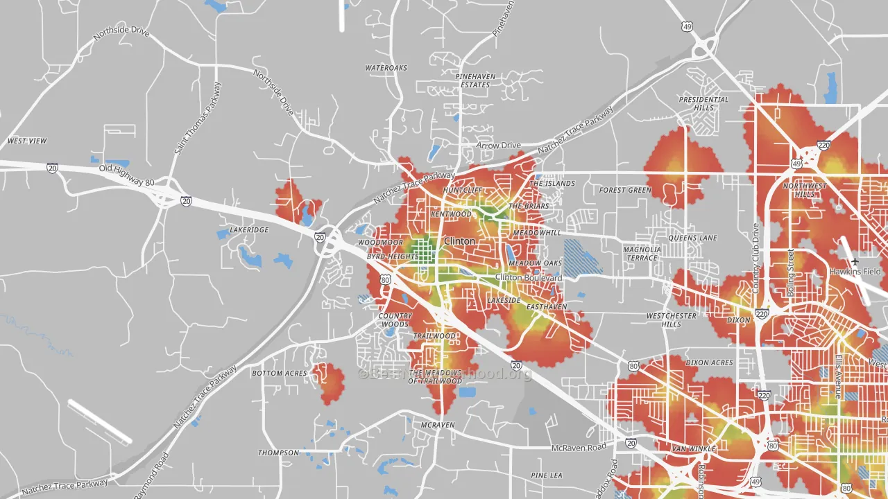 Walk Grade map of Clinton, MS, walkable areas in green and car-dependent areas in red