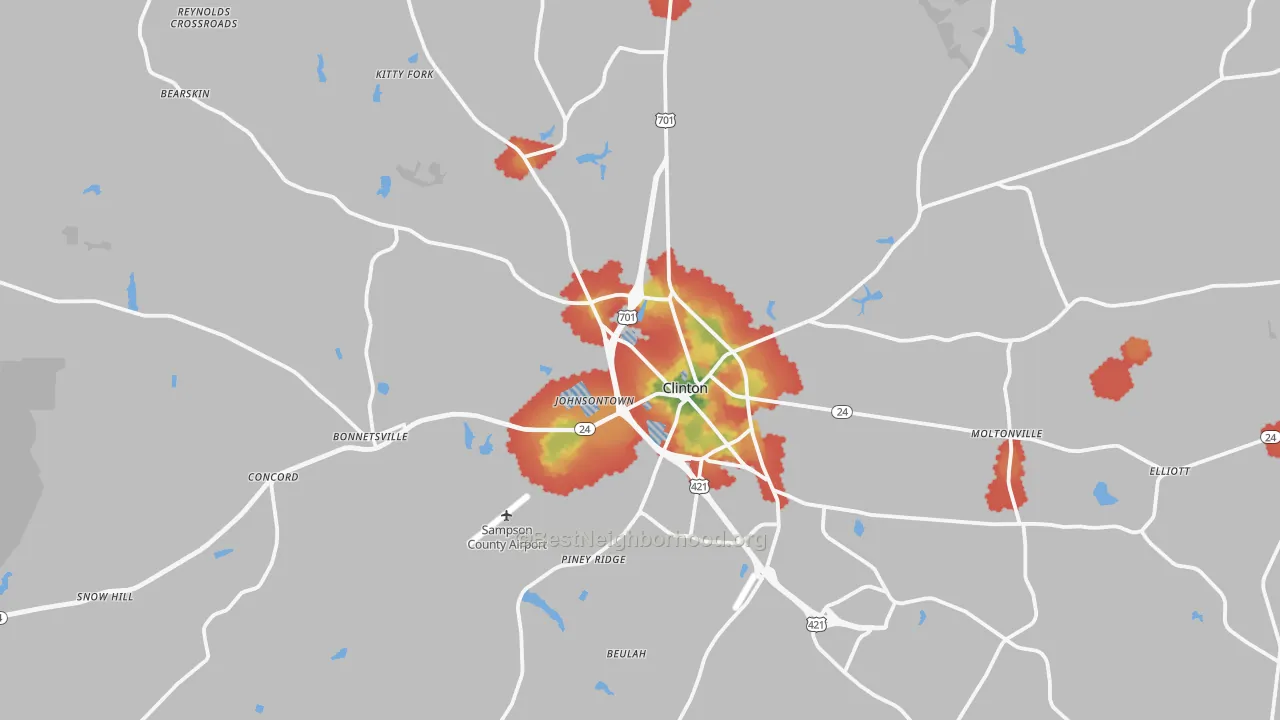 Walk Grade map of Clinton, NC, walkable areas in green and car-dependent areas in red