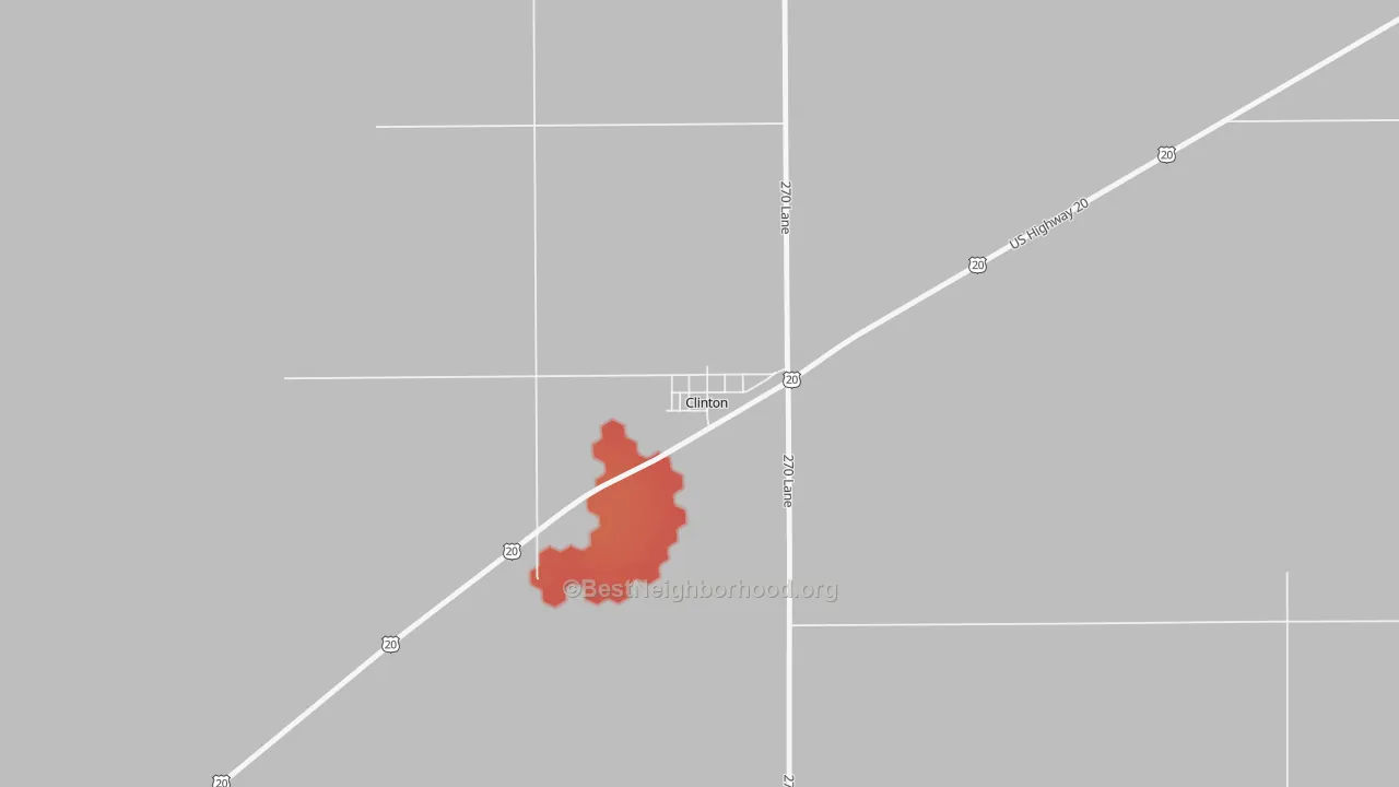 Walk Grade map of Clinton, NE, walkable areas in green and car-dependent areas in red