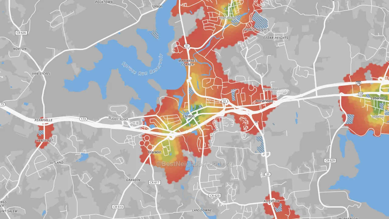 Walk Grade map of Clinton, NJ, walkable areas in green and car-dependent areas in red