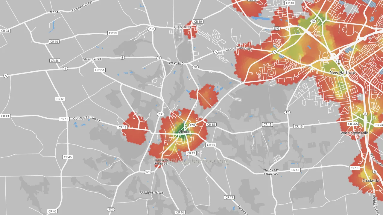 Walk Grade map of Clinton, NY, walkable areas in green and car-dependent areas in red
