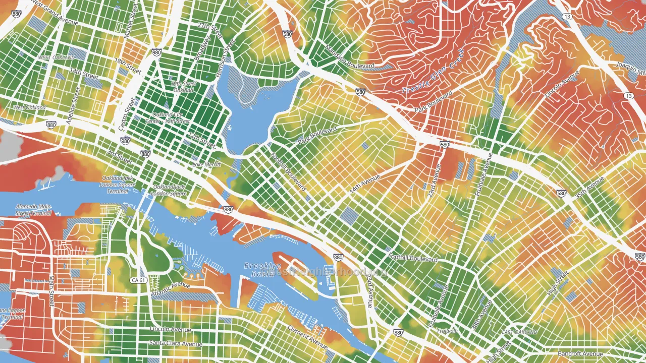 Walk Grade map of Clinton, Oakland, CA, walkable areas in green and car-dependent areas in red
