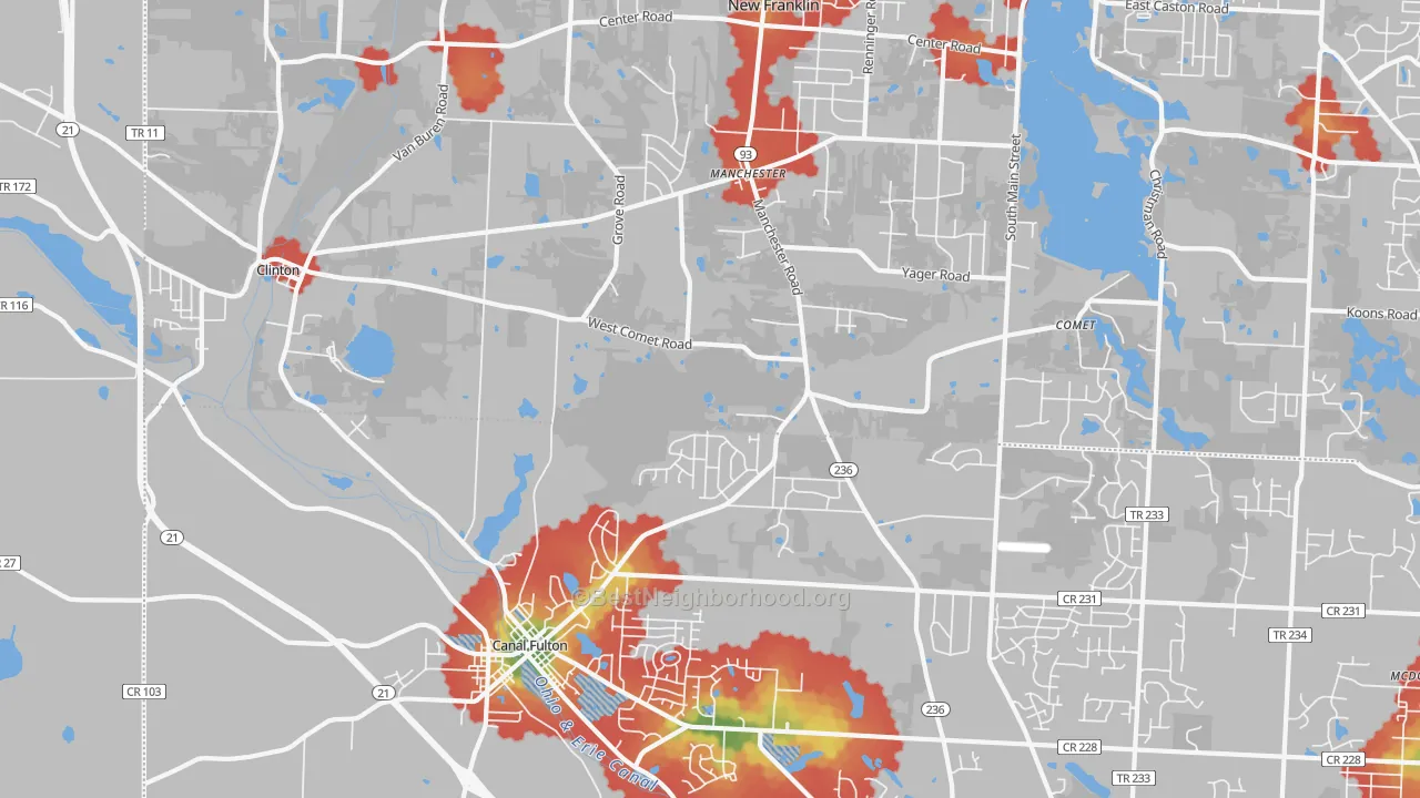 Walk Grade map of Clinton, OH, walkable areas in green and car-dependent areas in red