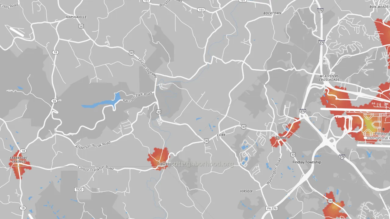 Walk Grade map of Clinton, PA, walkable areas in green and car-dependent areas in red