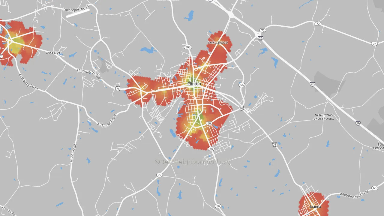 Walk Grade map of Clinton, SC, walkable areas in green and car-dependent areas in red