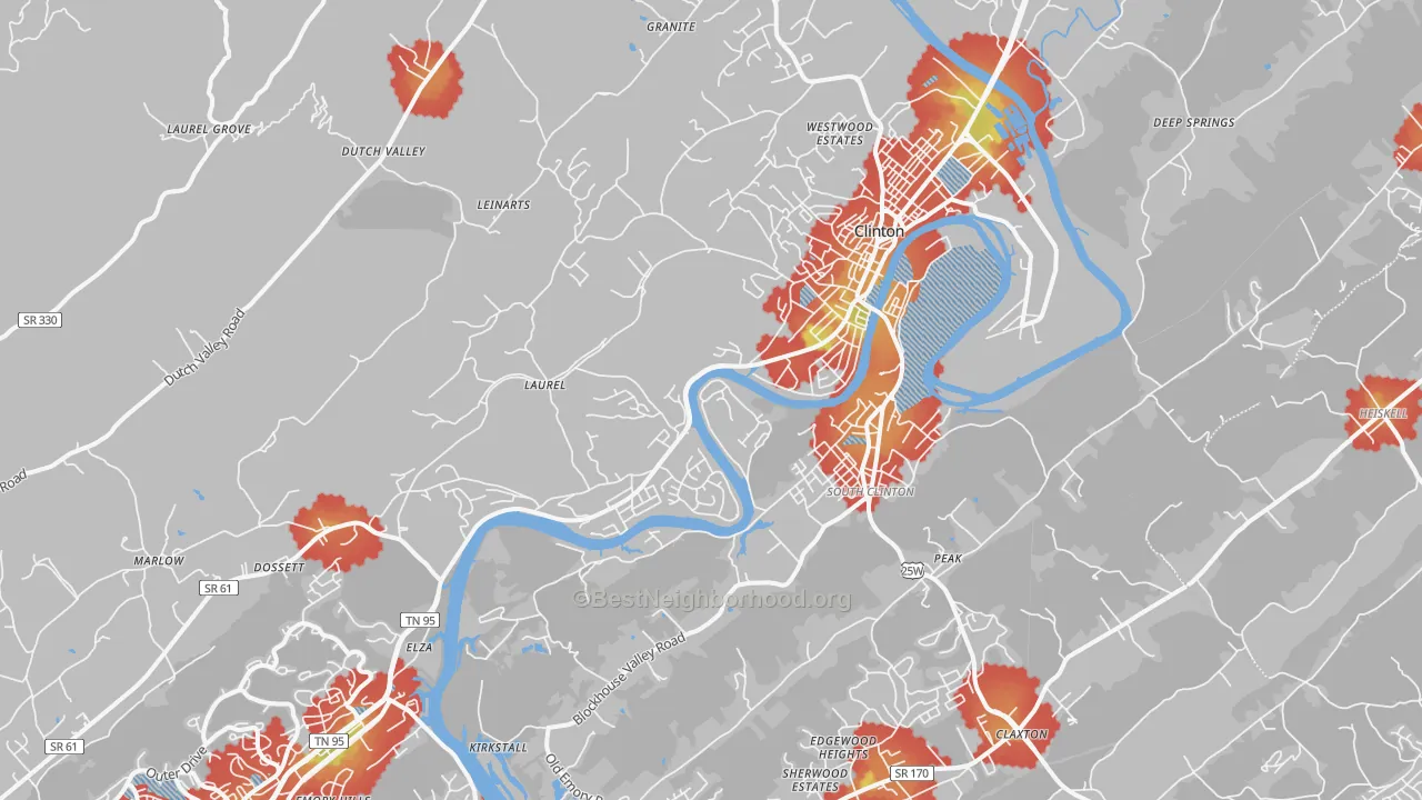 Walk Grade map of Clinton, TN, walkable areas in green and car-dependent areas in red