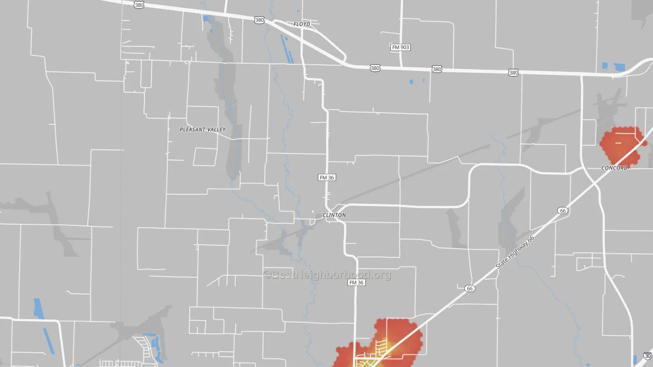 Walk Grade map of Clinton, TX, walkable areas in green and car-dependent areas in red