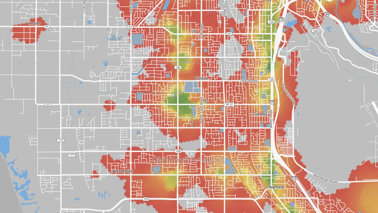 Walk Grade map of Clinton, UT, walkable areas in green and car-dependent areas in red