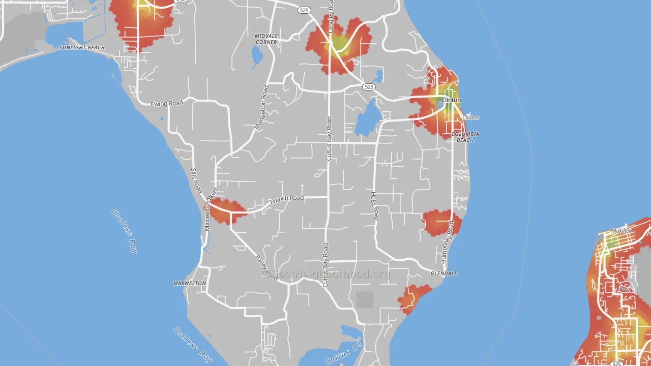 Walk Grade map of Clinton, WA, walkable areas in green and car-dependent areas in red