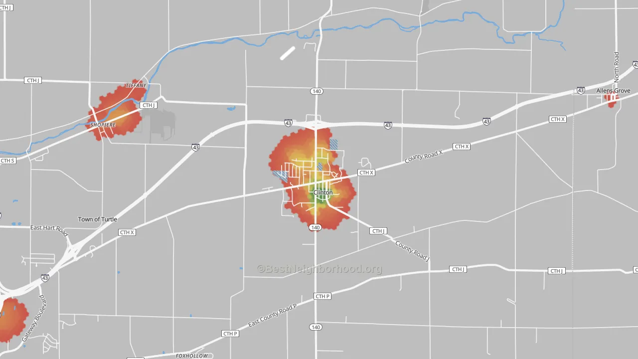 Walk Grade map of Clinton, WI, walkable areas in green and car-dependent areas in red