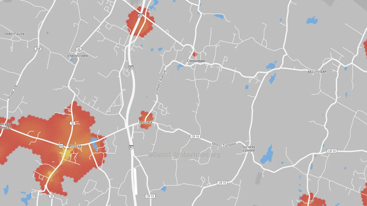 Walk Grade map of Clintondale, NY, walkable areas in green and car-dependent areas in red