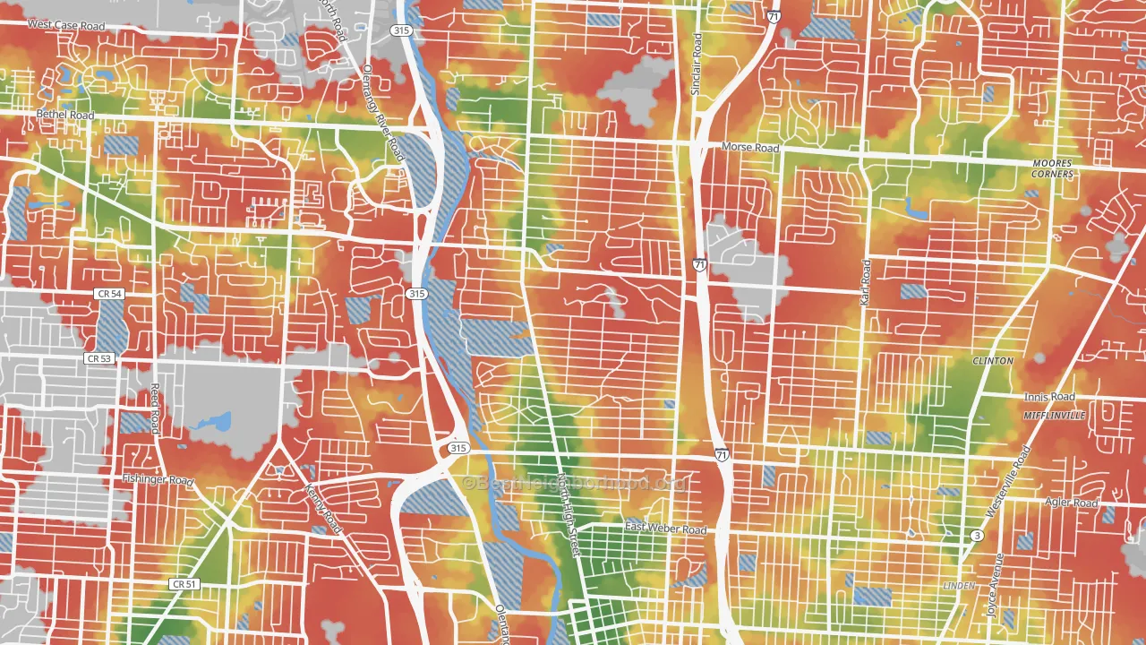 Walk Grade map of Clintonville, Columbus, OH, walkable areas in green and car-dependent areas in red