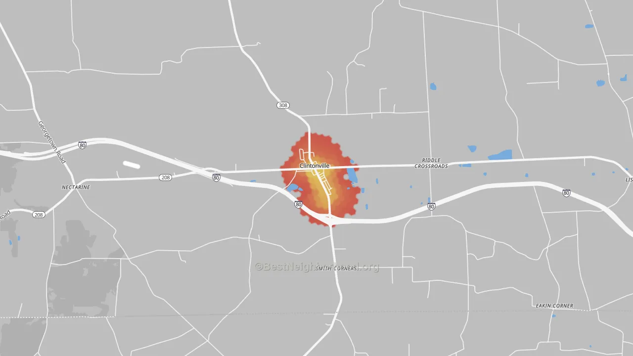 Walk Grade map of Clintonville, PA, walkable areas in green and car-dependent areas in red