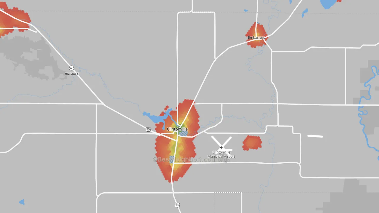 Walk Grade map of Clintonville, WI, walkable areas in green and car-dependent areas in red