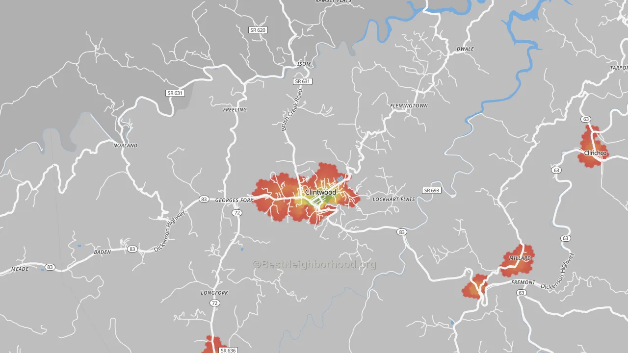 Walk Grade map of Clintwood, VA, walkable areas in green and car-dependent areas in red