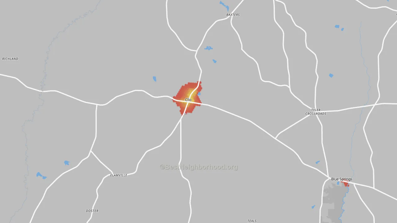 Walk Grade map of Clio, AL, walkable areas in green and car-dependent areas in red