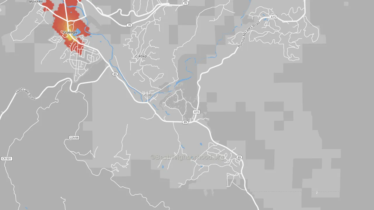 Walk Grade map of Clio, CA, walkable areas in green and car-dependent areas in red
