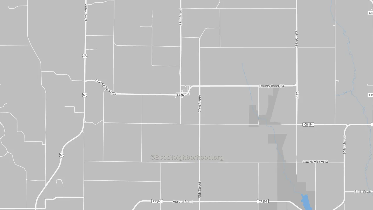 Walk Grade map of Clio, IA, walkable areas in green and car-dependent areas in red