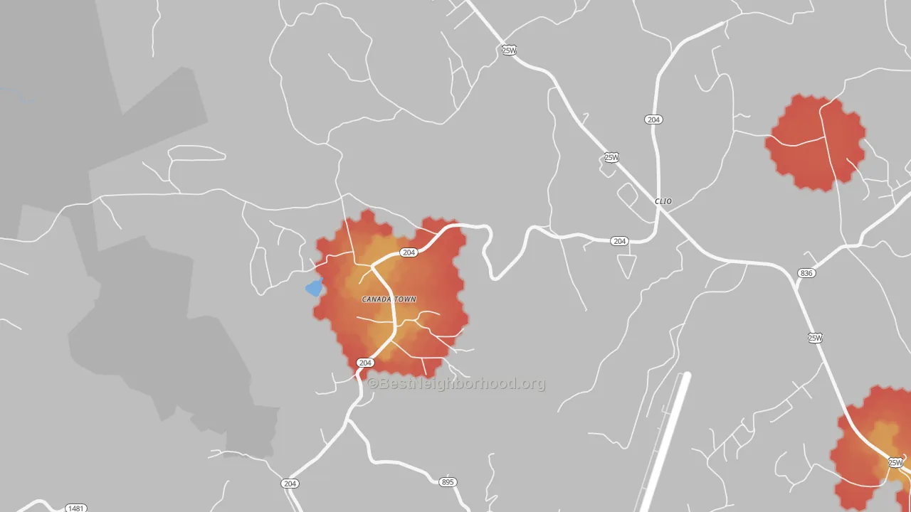Walk Grade map of Clio, KY, walkable areas in green and car-dependent areas in red