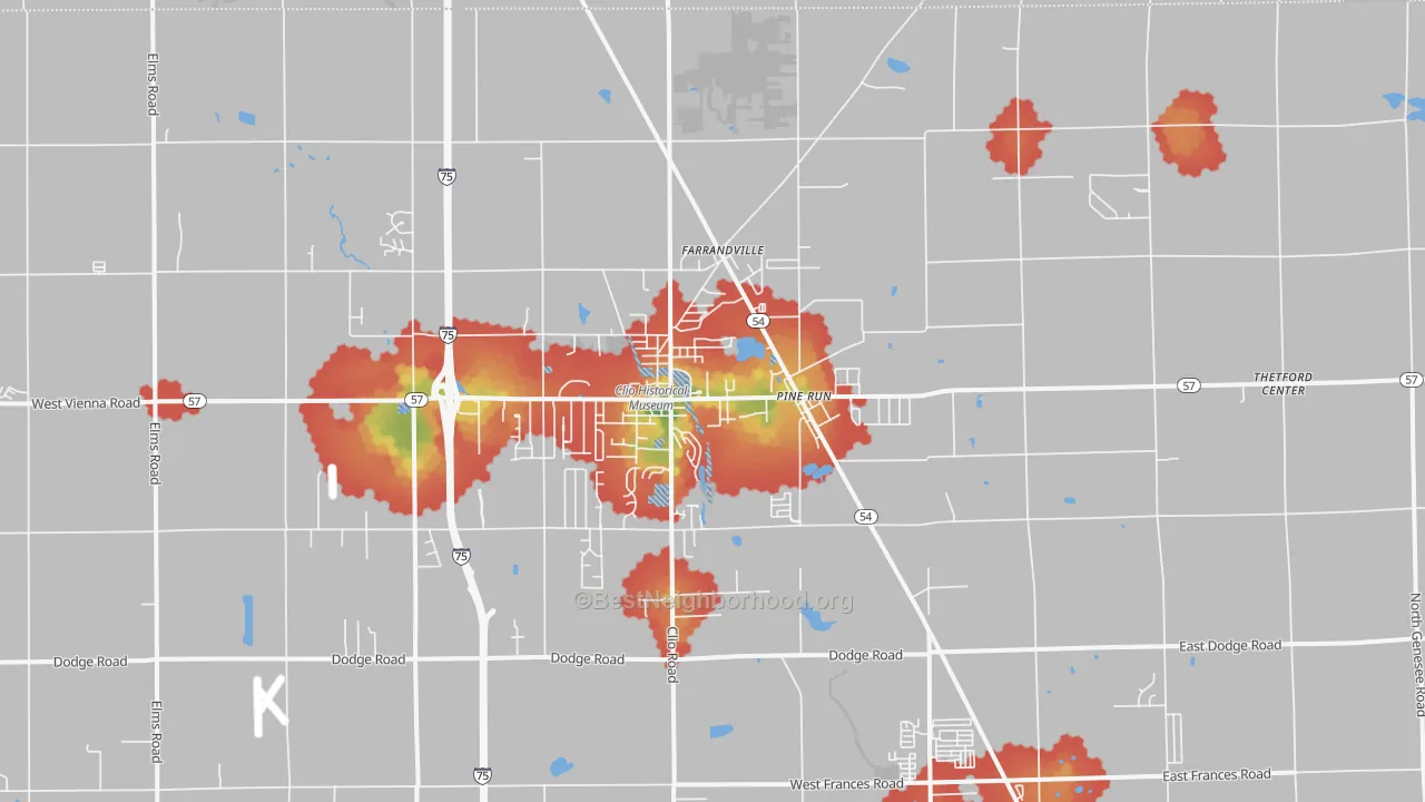 Walk Grade map of Clio, MI, walkable areas in green and car-dependent areas in red