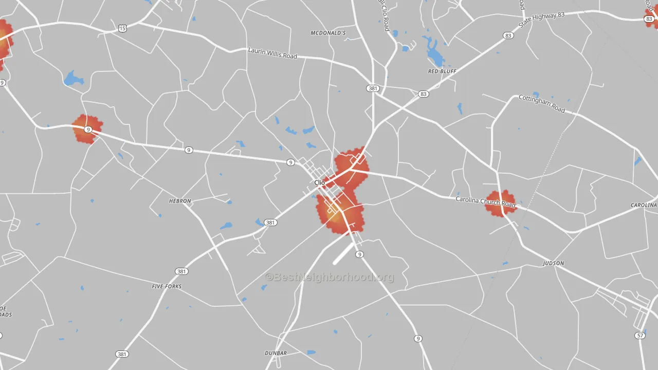 Walk Grade map of Clio, SC, walkable areas in green and car-dependent areas in red