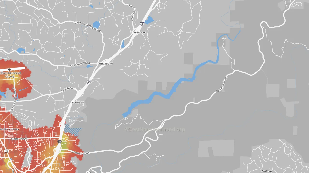 Walk Grade map of Clipper Gap, CA, walkable areas in green and car-dependent areas in red