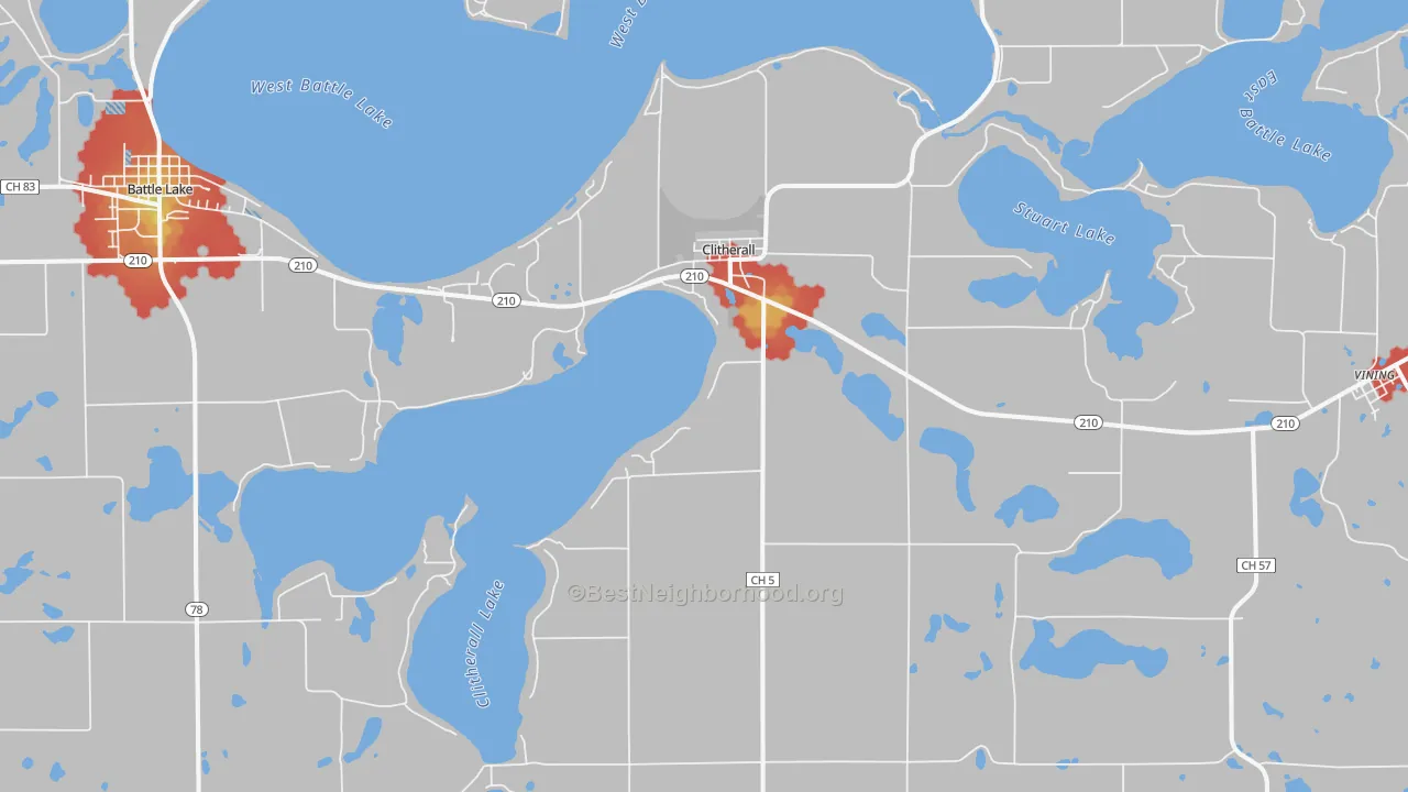 Walk Grade map of Clitherall, MN, walkable areas in green and car-dependent areas in red